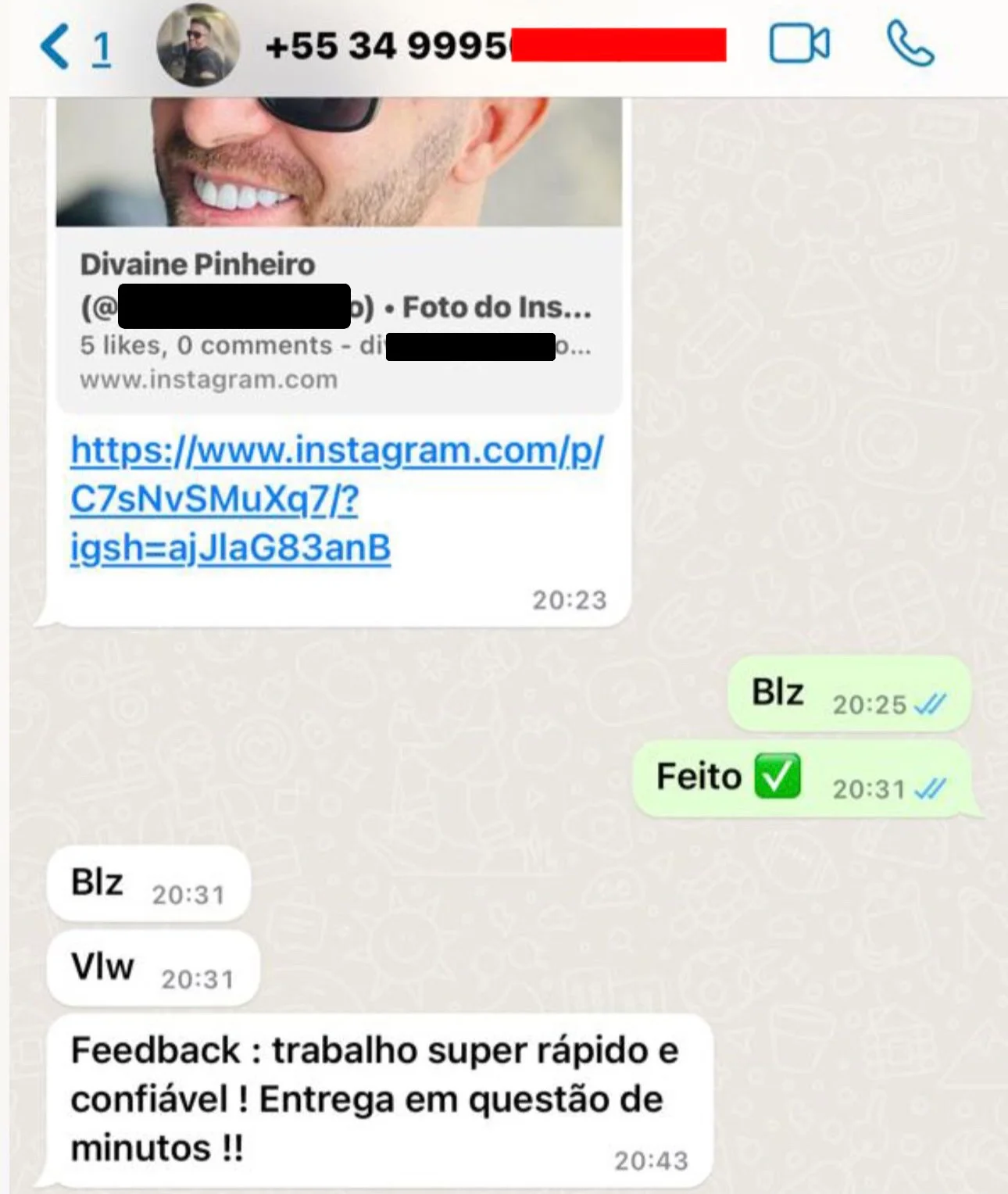 Print real de feedback recebido pelo WhatsApp